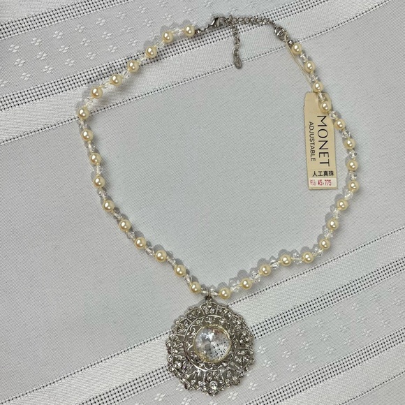Vintage Monet Faux Pearl Necklace with Ornate Crystal Pendant 15 Inch Adjustable - Picture 15 of 15